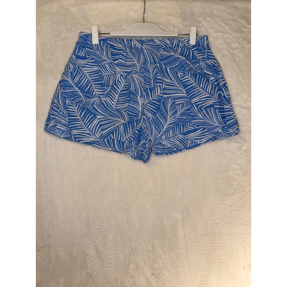 Shade & Shore Women Large Blue White Palm Leaf Linen Blend Beach Shorts Summer